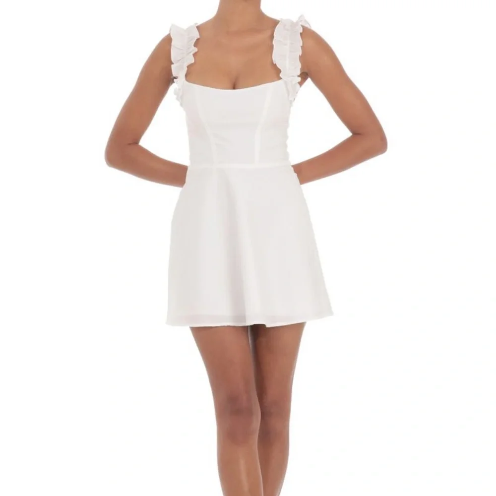 White Ruffle Strap Mini Dress - Picture 1 of 4